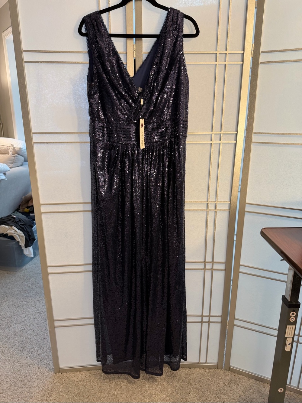 Sequined V-Neck Navy Evening formal gown, size 16, NWT